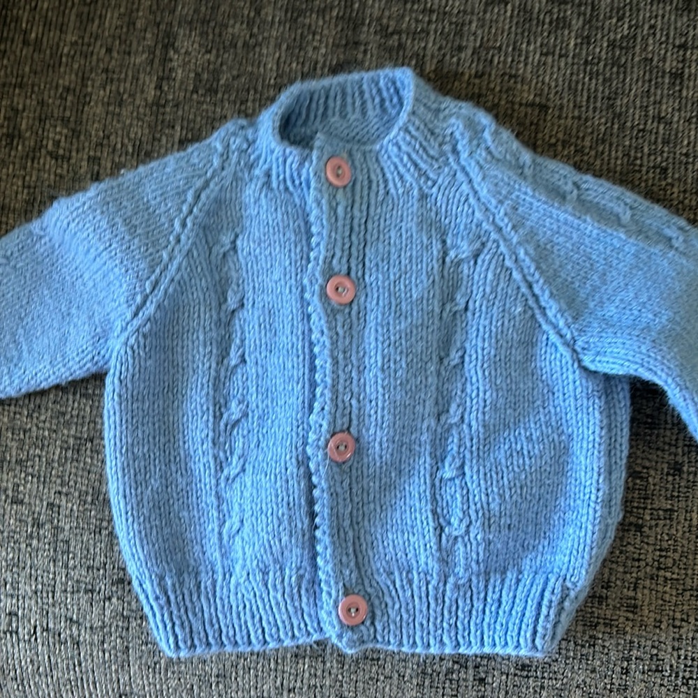 Blue infants handknitted cable long sleeve sweater never worn